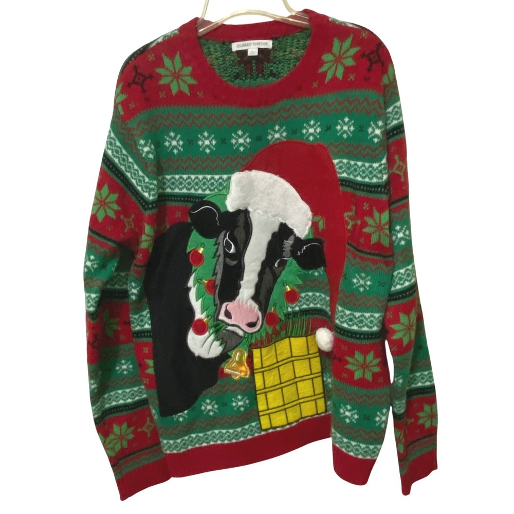 Festive Cow Novelty Nordic Christmas Sweater XL Country Farmhouse Kitschy Pocket